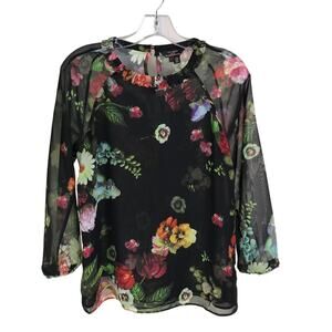 TED‎ BAKER Anna Oil Painting Floral Blouse Womens Size 1 Black Sheer Sleeve